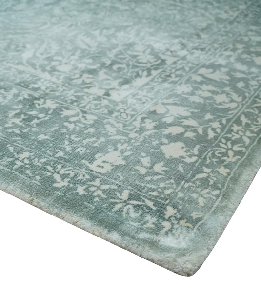 Traditional Floral Green And Ivory Handloom 5.6x8 ft Bedroom, Living Room Rug Wool And Viscose Area Rug