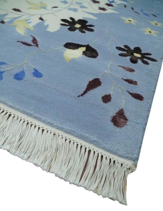 Floral Pattern Ivory, Light Blue, Brown And Charcoal Hand Knotted 6.6x10 ft Bedroom, Living Room Rug Wool Area Rug