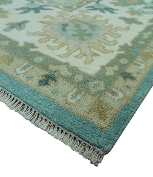 Custom Made Aqua, Beige, Gray And Ivory Traditional Oushak Hand Knotted Wool Area Rug