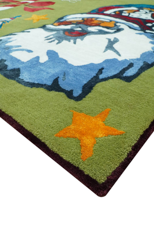 Colorful Christmas Theme Green, Gold, Blue, White And Red Hand Tufted 2x3 ft Bedroom, Kids Room Rug Wool Area Rug