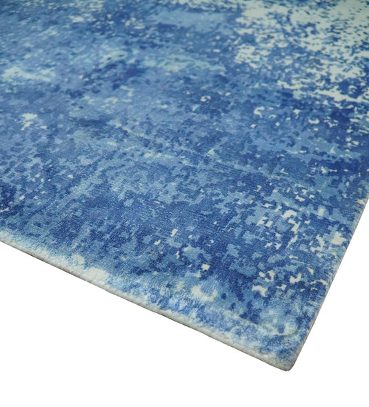 Modern Abstract Blue And Ivory Handloom 5.6x8 ft Bedroom, Living Room Rug Wool And Viscose Area Rug