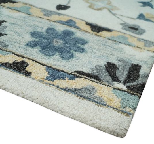 Central Medallion Ivory, Blue And Gray Hand Tufted Wool Area Rug- (FC)