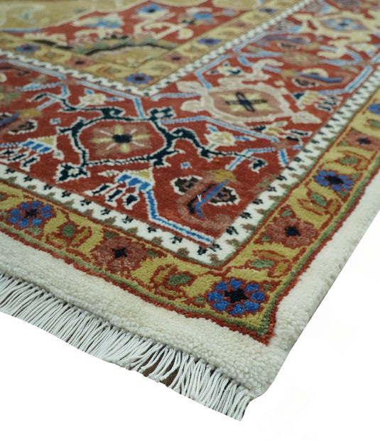 Hand Knotted Traditional Heriz Rust, Ivory, Blue, Green And Beige Wool Rug 9x12 ft Ideal for Living, Bedroom And Dining Rooms | CP2436912