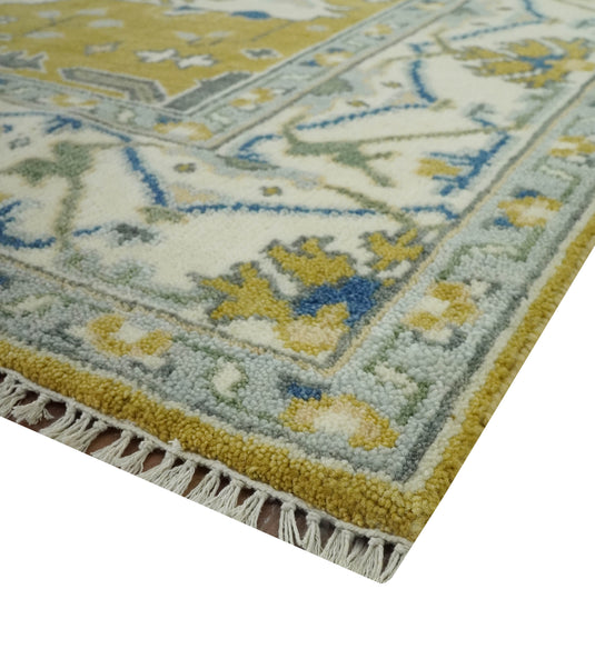 Custom Made Hand Knotted Turkish Oushak Mustard, Blue, Ivory And Gray Wool Area Rug