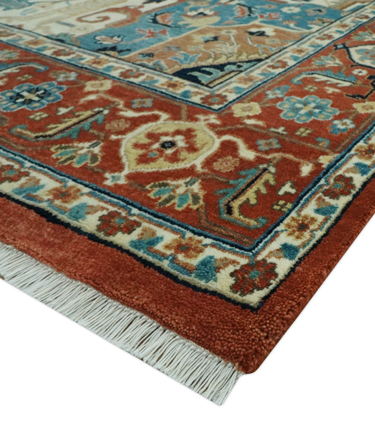 Hand Knotted Rust, Ivory And Teal Traditional Heriz Wool Rug 8x10 ft Ideal for Living, Bedroom And Dining Rooms