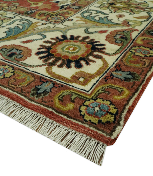 Hand Knotted Traditional Floral Rust, Beige, Blue And Ivory Wool Rug 8x10 ft Ideal for Living, Bedroom And Dining Rooms | CP2438810