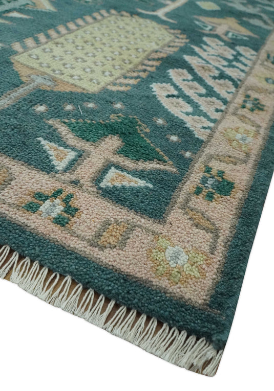 Tree Of Life Teal And Light Brown Hand Knotted 8x10 ft wool Area Rug