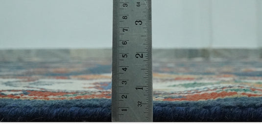 Traditional Pattern Blue, Rust and Ivory Hand Knotted 8x10 ft wool Area Rug