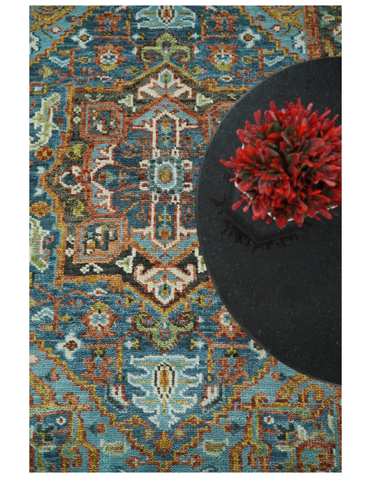 Custom Made Blue, Charcoal, Rust And Green Heriz Serapi Hand Knotted Wool Area Rug