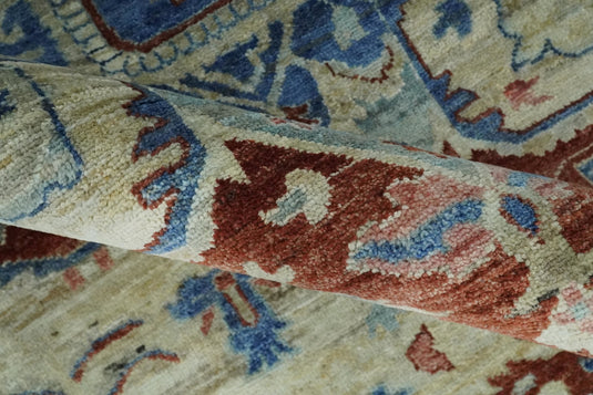Antique Heriz Serapi Blue, Rust And Ivory Hand Knotted 8x10 ft Bedroom, Living Room Rug Wool Area Rug
