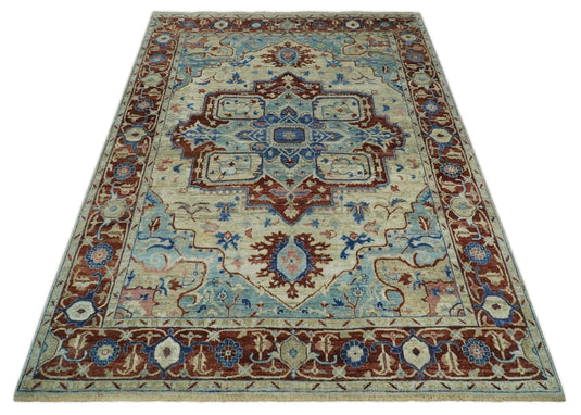 Antique Heriz Serapi Blue, Rust And Ivory Hand Knotted 8x10 ft Bedroom, Living Room Rug Wool Area Rug