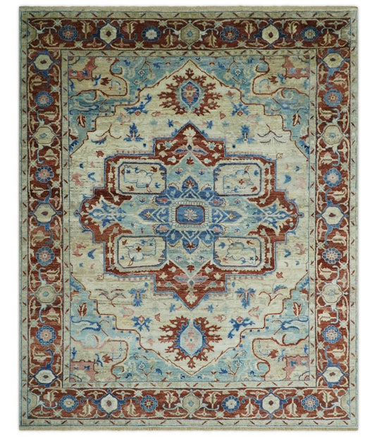 Antique Heriz Serapi Blue, Rust And Ivory Hand Knotted 8x10 ft Bedroom, Living Room Rug Wool Area Rug