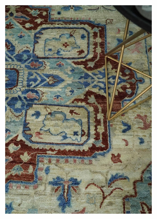 Antique Heriz Serapi Blue, Rust And Ivory Hand Knotted 8x10 ft Bedroom, Living Room Rug Wool Area Rug