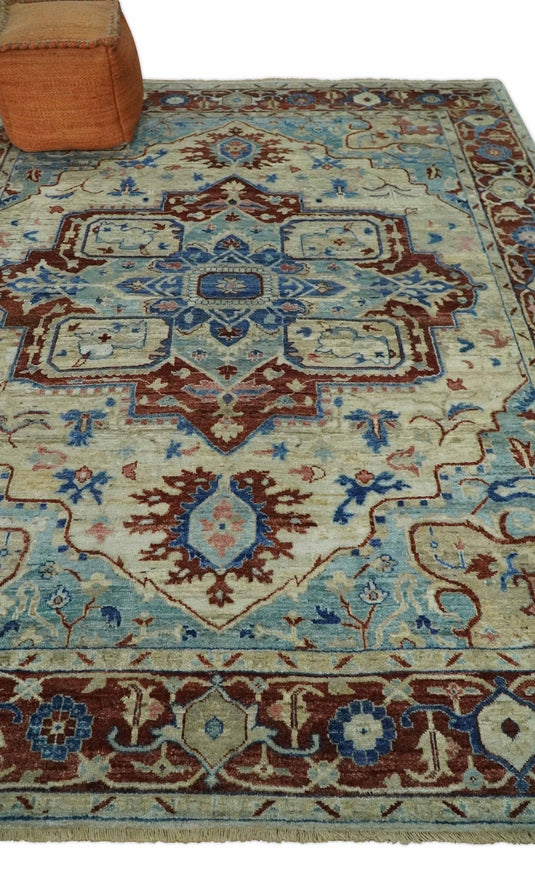Antique Heriz Serapi Blue, Rust And Ivory Hand Knotted 8x10 ft Bedroom, Living Room Rug Wool Area Rug