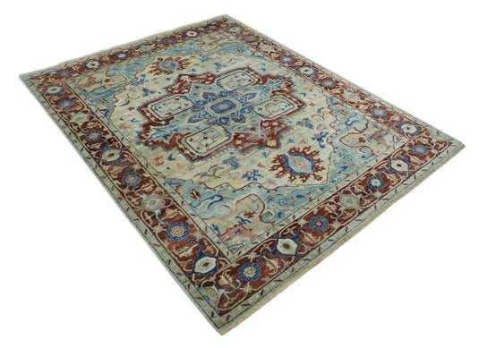 Antique Heriz Serapi Blue, Rust And Ivory Hand Knotted 8x10 ft Bedroom, Living Room Rug Wool Area Rug