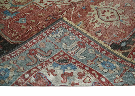 Heriz Serapi Rust, Blue And Ivory Hand Knotted 8x10 ft Bedroom, Living Room Rug Wool Area Rug