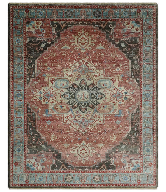 Heriz Serapi Rust, Blue And Ivory Hand Knotted 8x10 ft Bedroom, Living Room Rug Wool Area Rug
