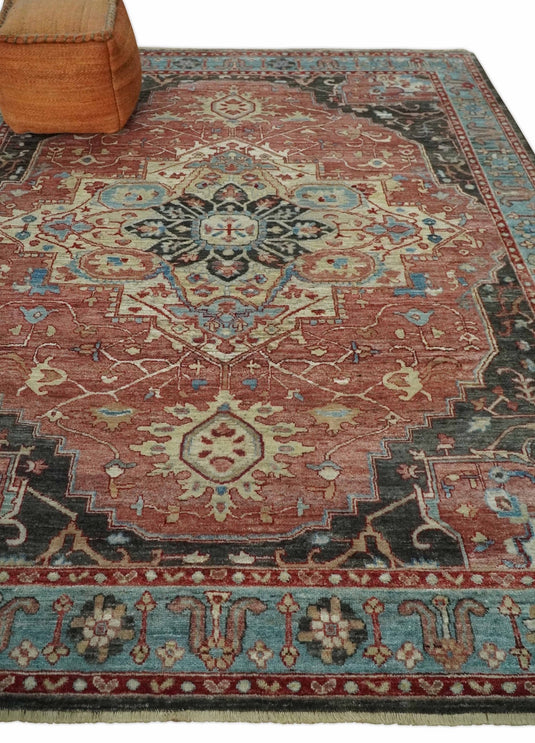 Heriz Serapi Rust, Blue And Ivory Hand Knotted 8x10 ft Bedroom, Living Room Rug Wool Area Rug