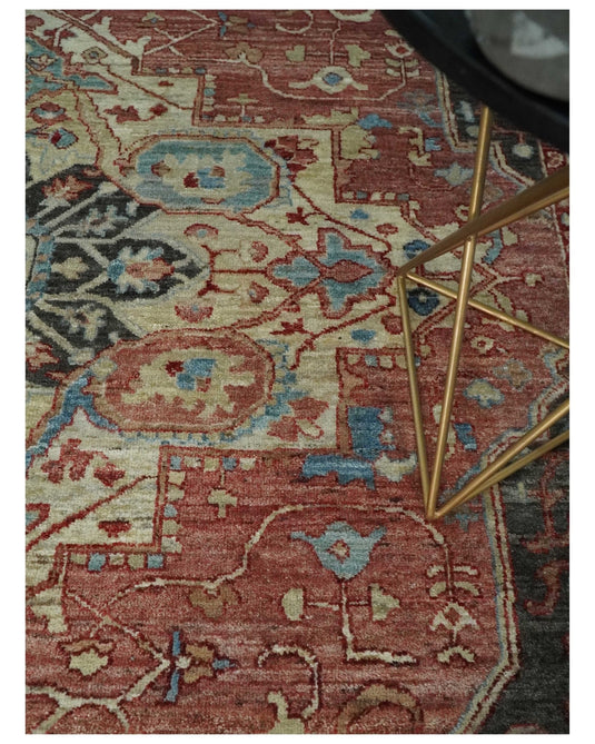 Heriz Serapi Rust, Blue And Ivory Hand Knotted 8x10 ft Bedroom, Living Room Rug Wool Area Rug