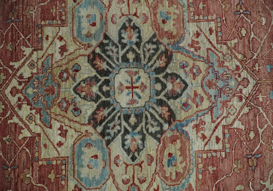 Heriz Serapi Rust, Blue And Ivory Hand Knotted 8x10 ft Bedroom, Living Room Rug Wool Area Rug