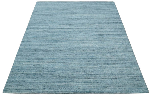Modern Solid Blue, Gray And Silver Handloom 8x10 ft Bedroom, Living Room Rug Wool Area Rug