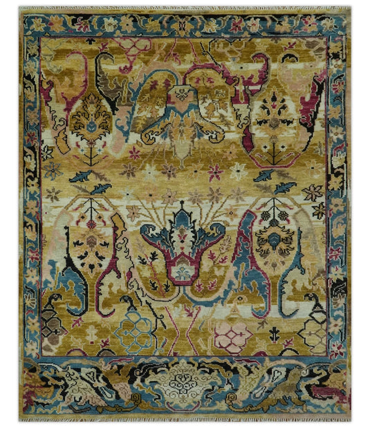 Custom Made Transitional Oushak Mustard And Teal Hand Knotted Wool Area Rug