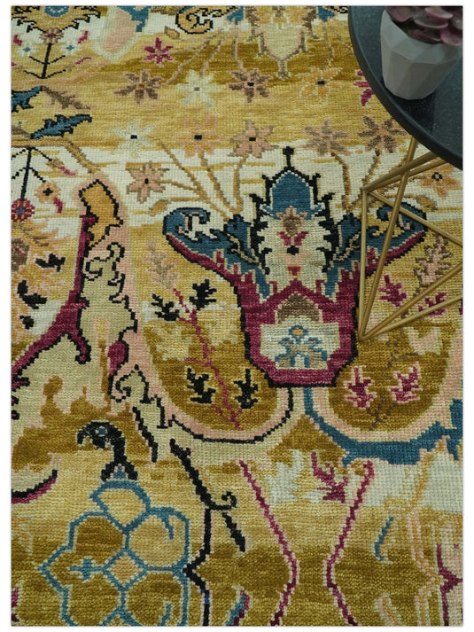Transitional Oushak Mustard And Teal Hand Knotted Wool Rug 8x10 ft Ideal for Living, Bedroom And Dining Rooms