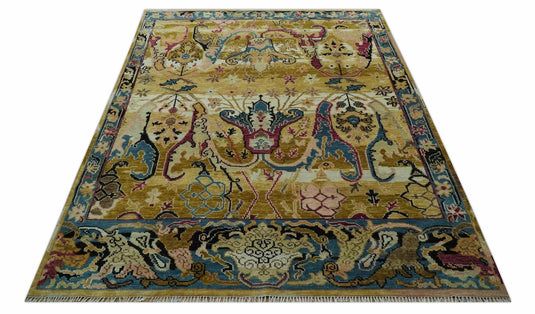 Transitional Oushak Mustard And Teal Hand Knotted Wool Rug 8x10 ft Ideal for Living, Bedroom And Dining Rooms