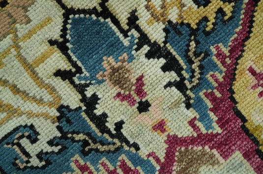 Custom Made Transitional Oushak Mustard And Teal Hand Knotted Wool Area Rug