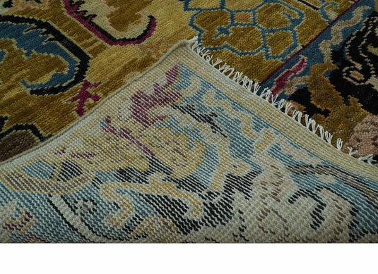 Custom Made Transitional Oushak Mustard And Teal Hand Knotted Wool Area Rug