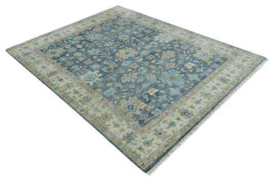 Oriental Oushak Ivory, Blue And Beige Hand Knotted Bedroom, Living Room Rug Wool Area Rug