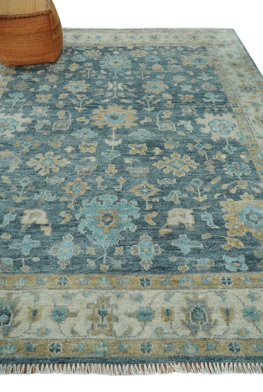 Oriental Oushak Ivory, Blue And Beige Hand Knotted Bedroom, Living Room Rug Wool Area Rug