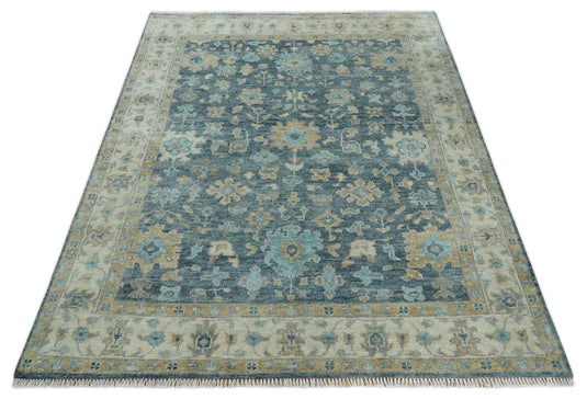 Oriental Oushak Ivory, Blue And Beige Hand Knotted Bedroom, Living Room Rug Wool Area Rug