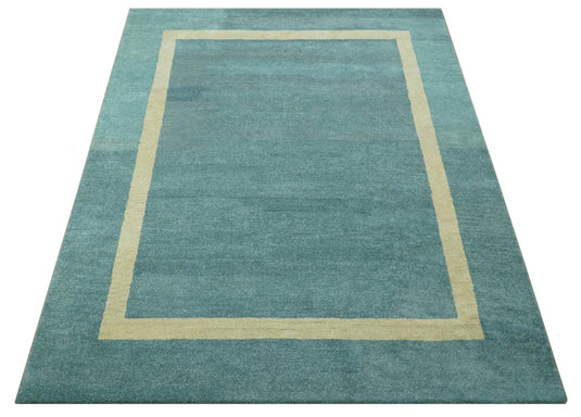 Modern Solid Plain Teal Blue and Beige Modern Hand Tufted 8x10 ft Bedroom, Living Room Rug Wool Area Rug
