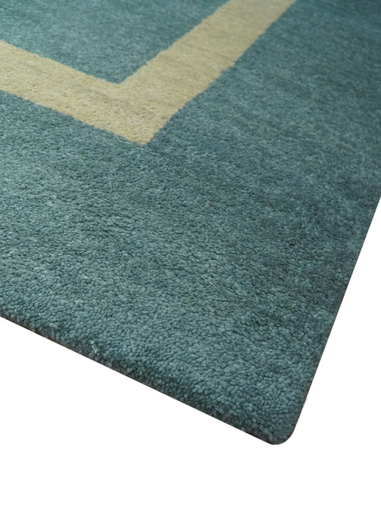 Modern Solid Plain Teal Blue and Beige Modern Hand Tufted 8x10 ft Bedroom, Living Room Rug Wool Area Rug