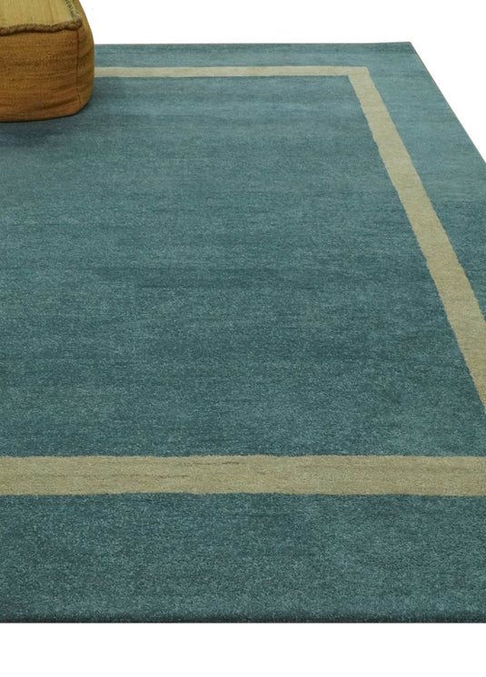 Modern Solid Plain Teal Blue and Beige Modern Hand Tufted 8x10 ft Bedroom, Living Room Rug Wool Area Rug