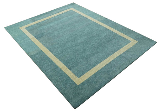 Modern Solid Plain Teal Blue and Beige Modern Hand Tufted 8x10 ft Bedroom, Living Room Rug Wool Area Rug