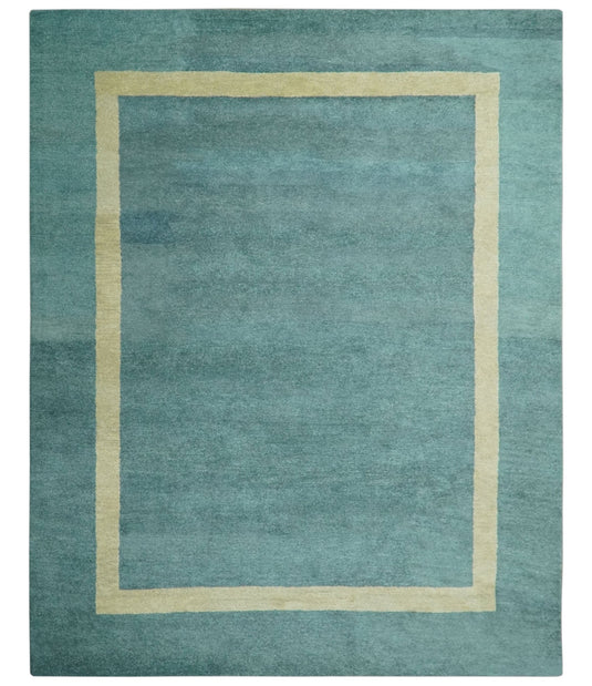 Modern Solid Plain Teal Blue and Beige Modern Hand Tufted 8x10 ft Bedroom, Living Room Rug Wool Area Rug