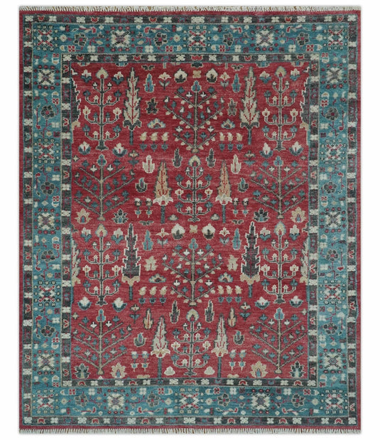 Blue And Maroon Tree of Life Hand Knotted Traditional 8x10 ft Bedroom, Living Room Rug Wool Area Rug