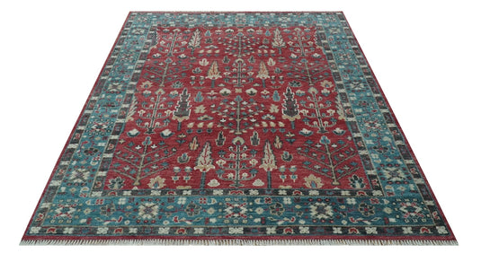 Blue And Maroon Tree of Life Hand Knotted Traditional 8x10 ft Bedroom, Living Room Rug Wool Area Rug