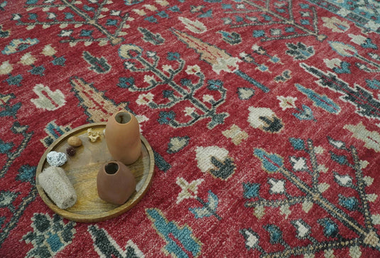 Blue And Maroon Tree of Life Hand Knotted Traditional 8x10 ft Bedroom, Living Room Rug Wool Area Rug