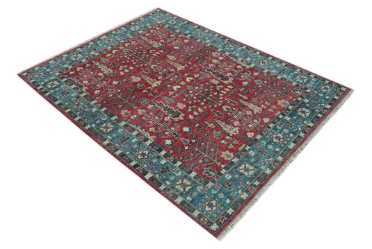Blue And Maroon Tree of Life Hand Knotted Traditional 8x10 ft Bedroom, Living Room Rug Wool Area Rug