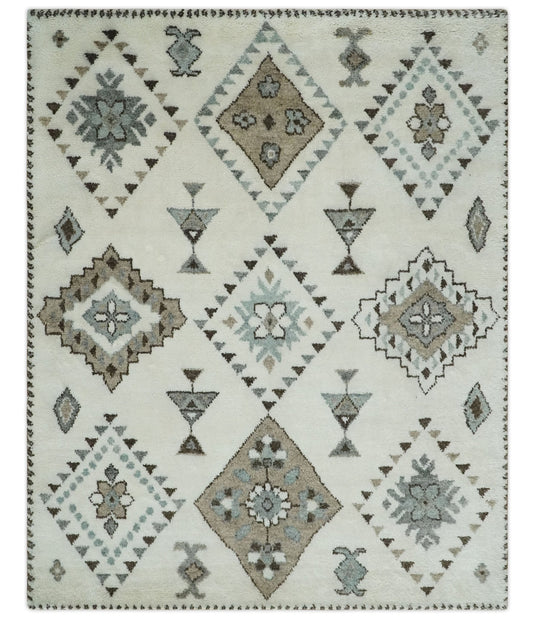 Moroccan Hand Woven Ivory and Brown 8x10 ft Bedroom, Living Room Rug, Wool Area Rug