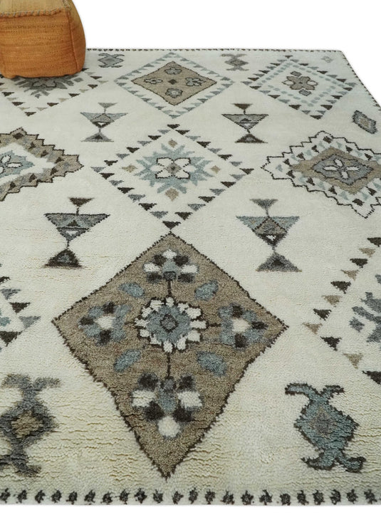 Moroccan Hand Woven Ivory and Brown 8x10 ft Bedroom, Living Room Rug, Wool Area Rug