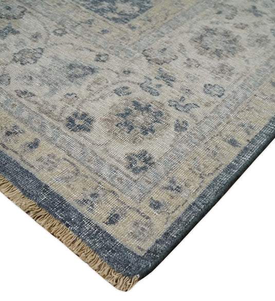 Custom Made Vintage Style Hand Knotted Traditional Blue and Beige Antique Wool Area Rug