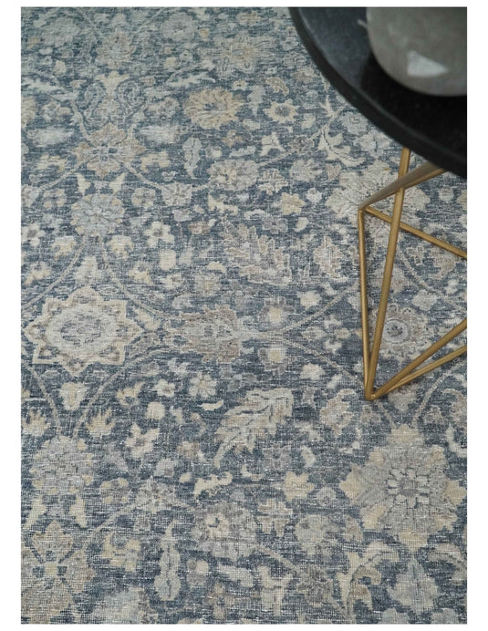 Custom Made Vintage Style Hand Knotted Traditional Blue and Beige Antique Wool Area Rug