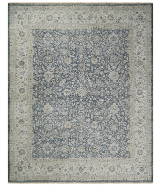 Custom Made Vintage Style Hand Knotted Traditional Blue and Beige Antique Wool Area Rug