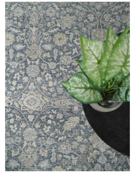 Custom Made Vintage Style Hand Knotted Traditional Blue and Beige Antique Wool Area Rug