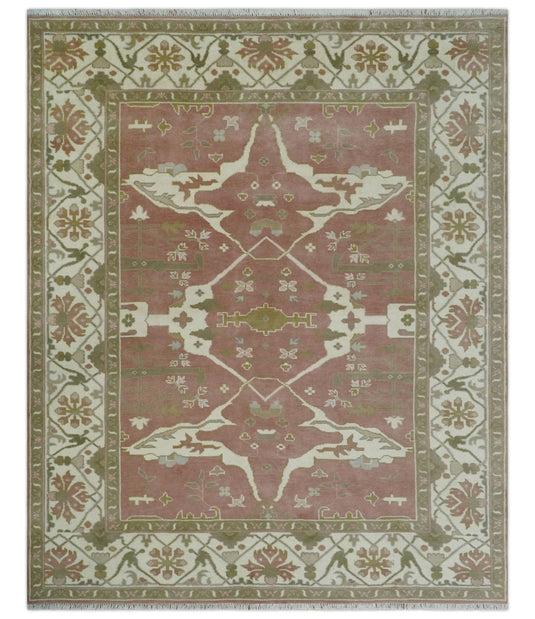 Vintage look Hand knotted Peach, Ivory and Olive 8x10 and 9x12 Oriental Oushak wool Area Rug