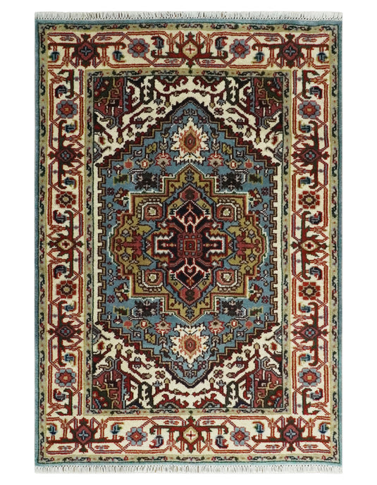 Hand Knotted Heriz Serapi Rug Aqua Blue, Ivory and Rust 5x8, 4x6, 3x5 ft Ideal for Living, Bedroom, and Dining Rooms | CP1880S